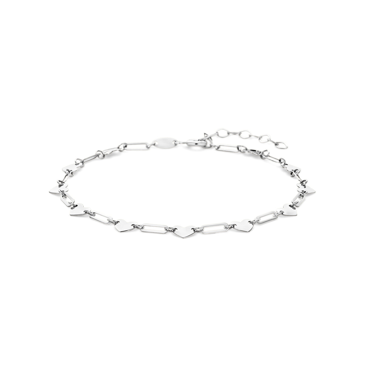 Zilveren armband Corda met hartjes en rhodium laag.