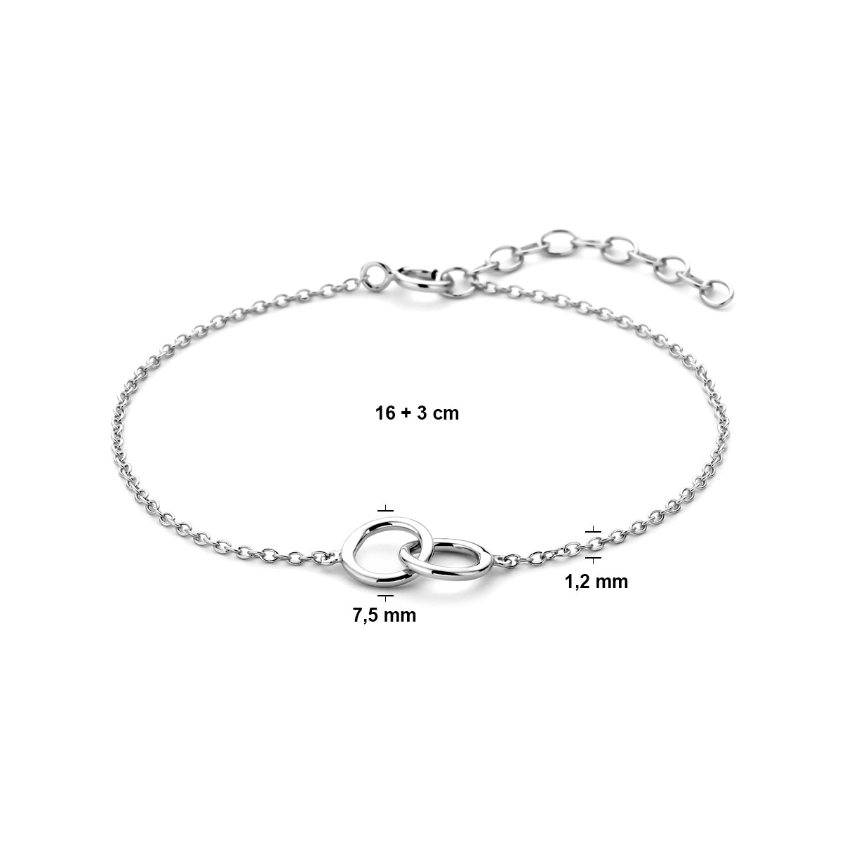 Productafbeelding van de 'Enna' armband met technische weergave van de 7.5 mm breedte van het centrale element.