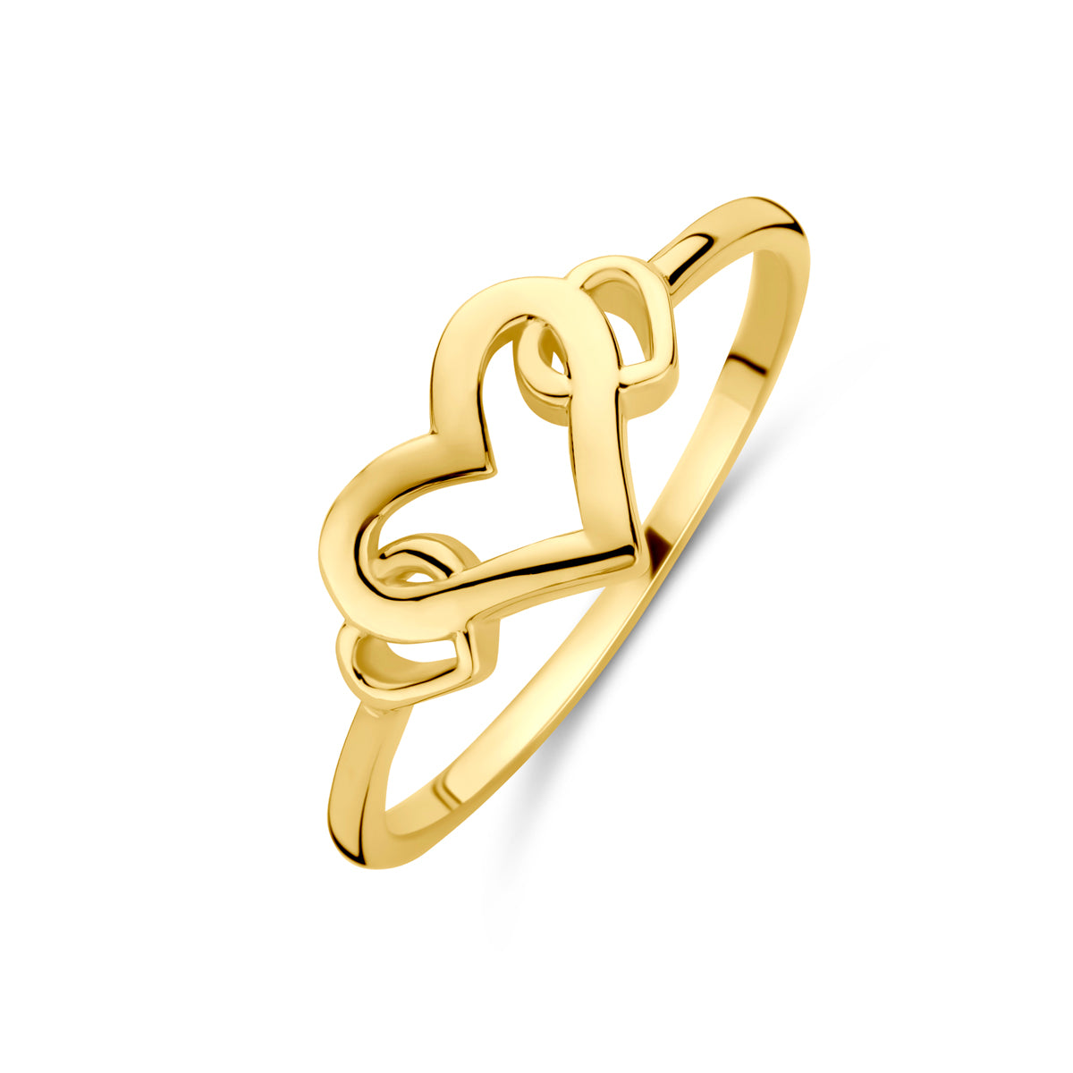 Vooraanzicht 14k gouden ring Esmee met drie in elkaar verweven hartjes.