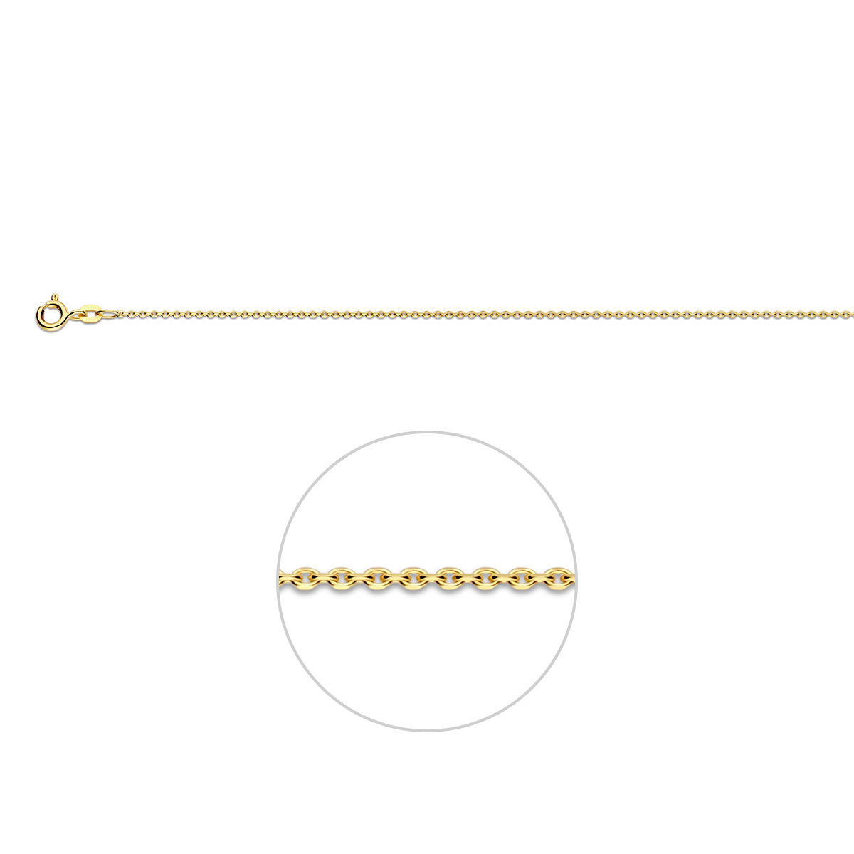 Detail van de schitterende geslepen facetten van de 14 karaat geelgouden 1,1 mm halsketting.