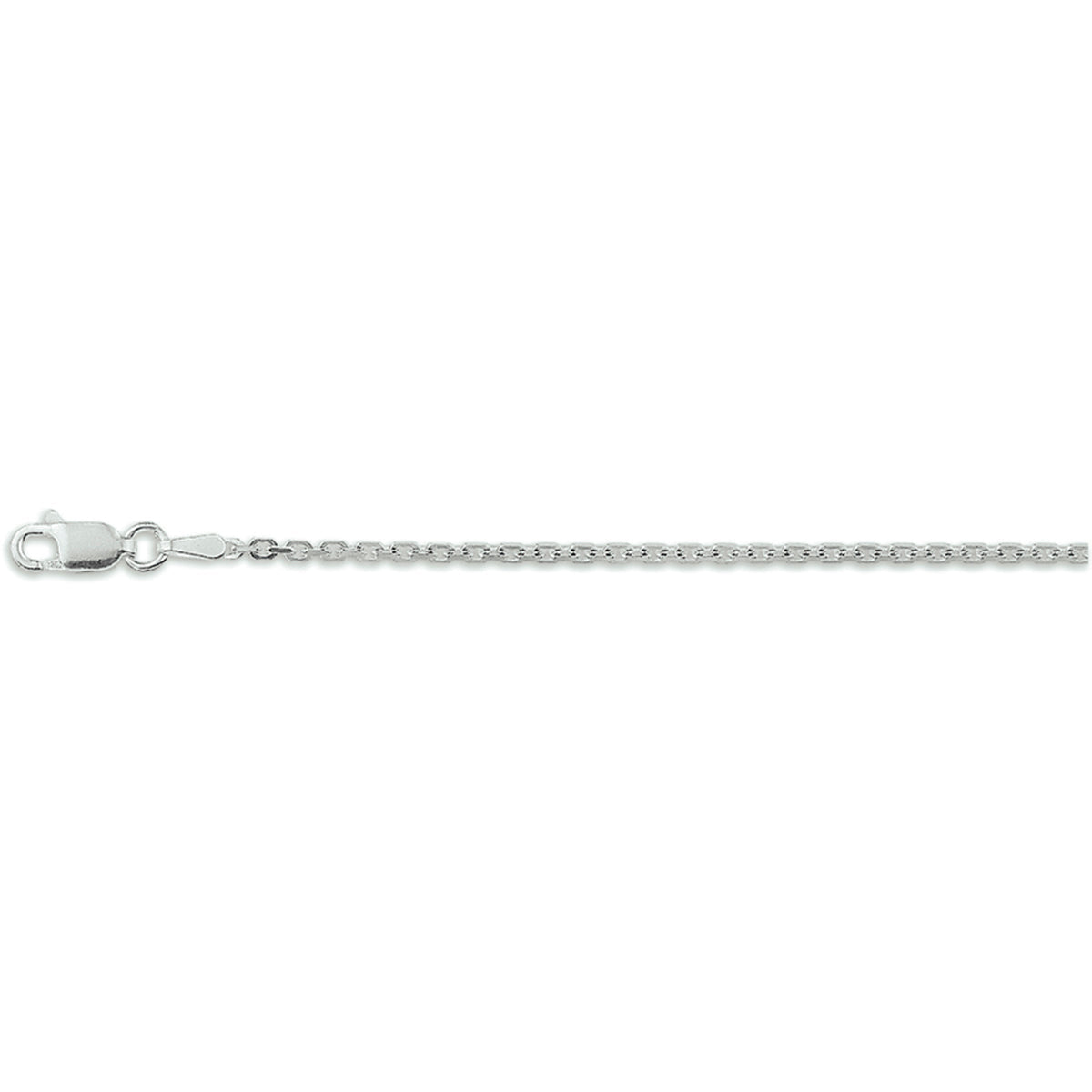 Close-up van de geslepen facetten van de 1,6 mm zilveren anker ketting en de sluiting.