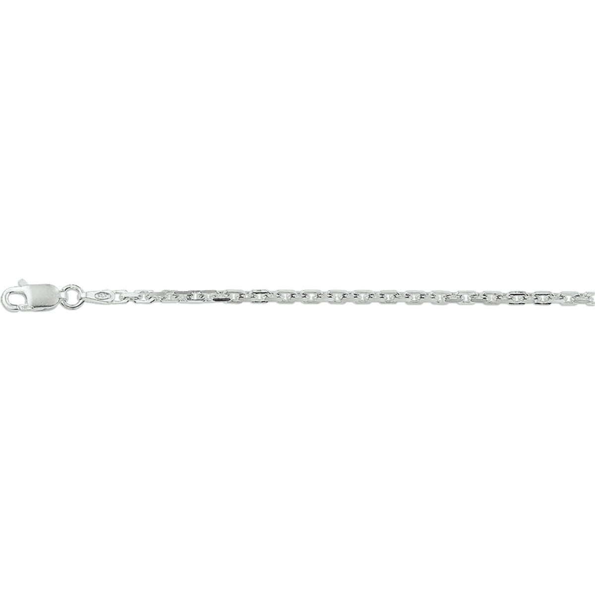Close-up van de luxe geslepen facetten van de 2,1 mm zilveren anker ketting en de sluiting.