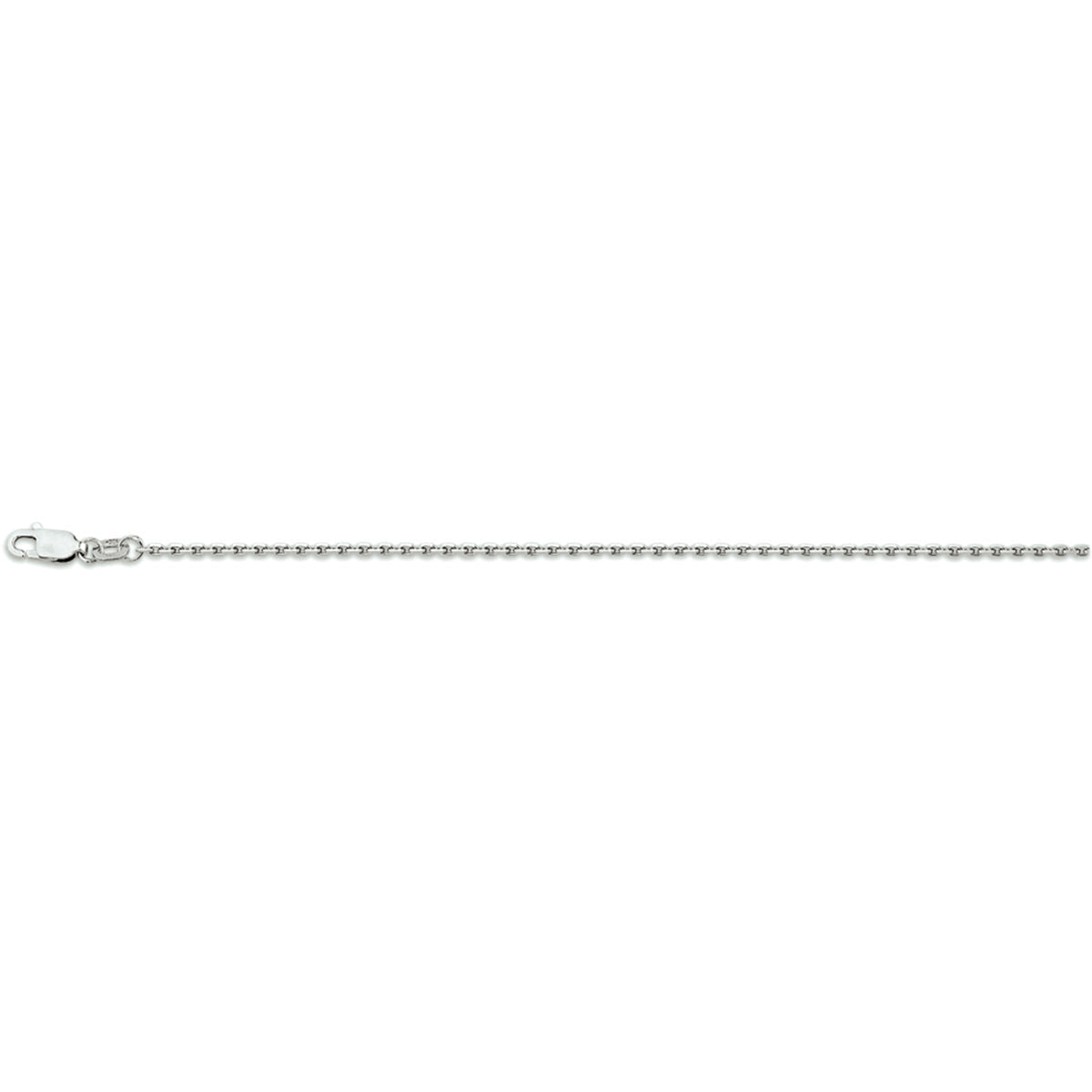 Close-up van de stevige sluiting en de optionele extensie van de 1,7 mm zilveren ketting.