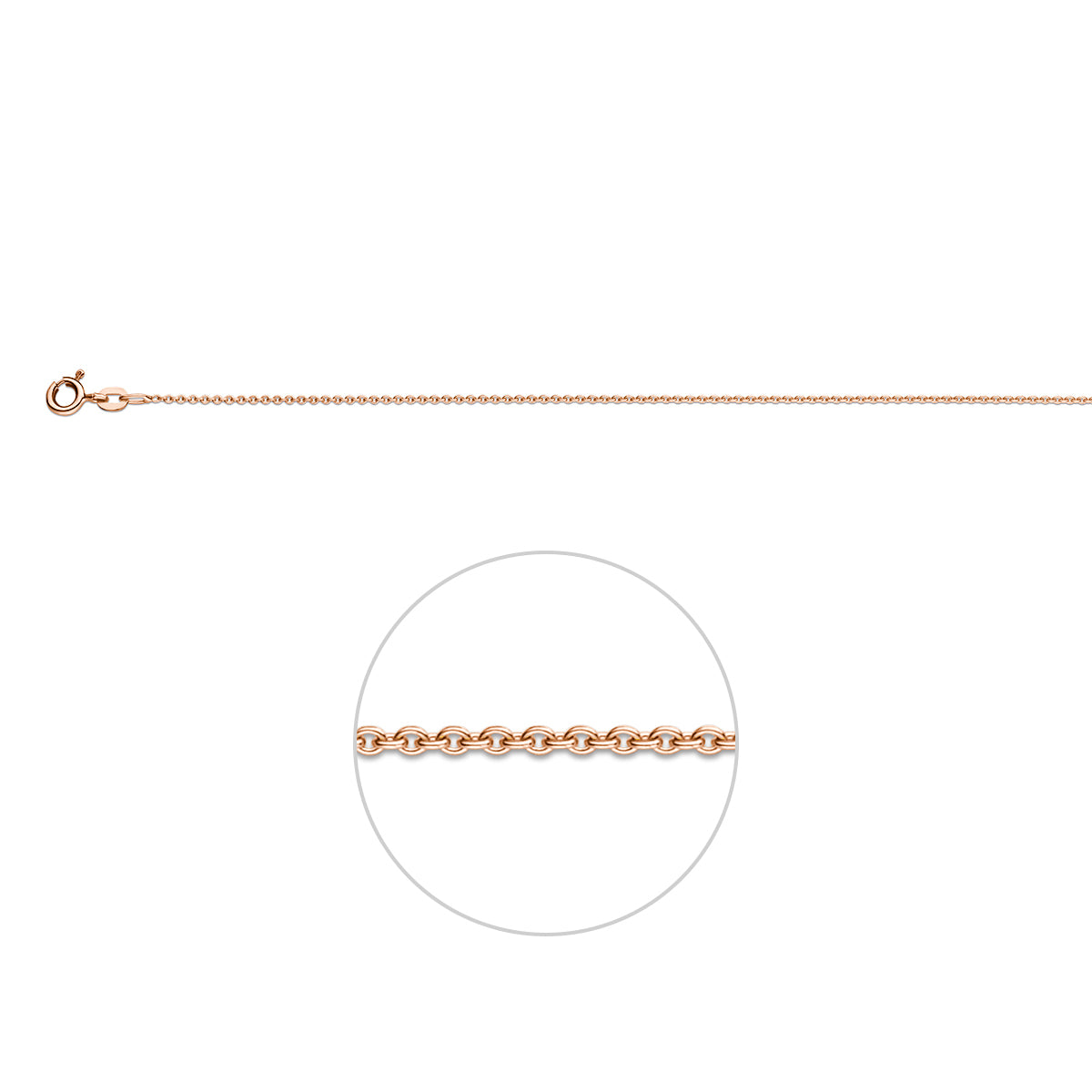 Detail van de warme 1,1 mm ronde roségouden ankerschakels in 14 karaat.