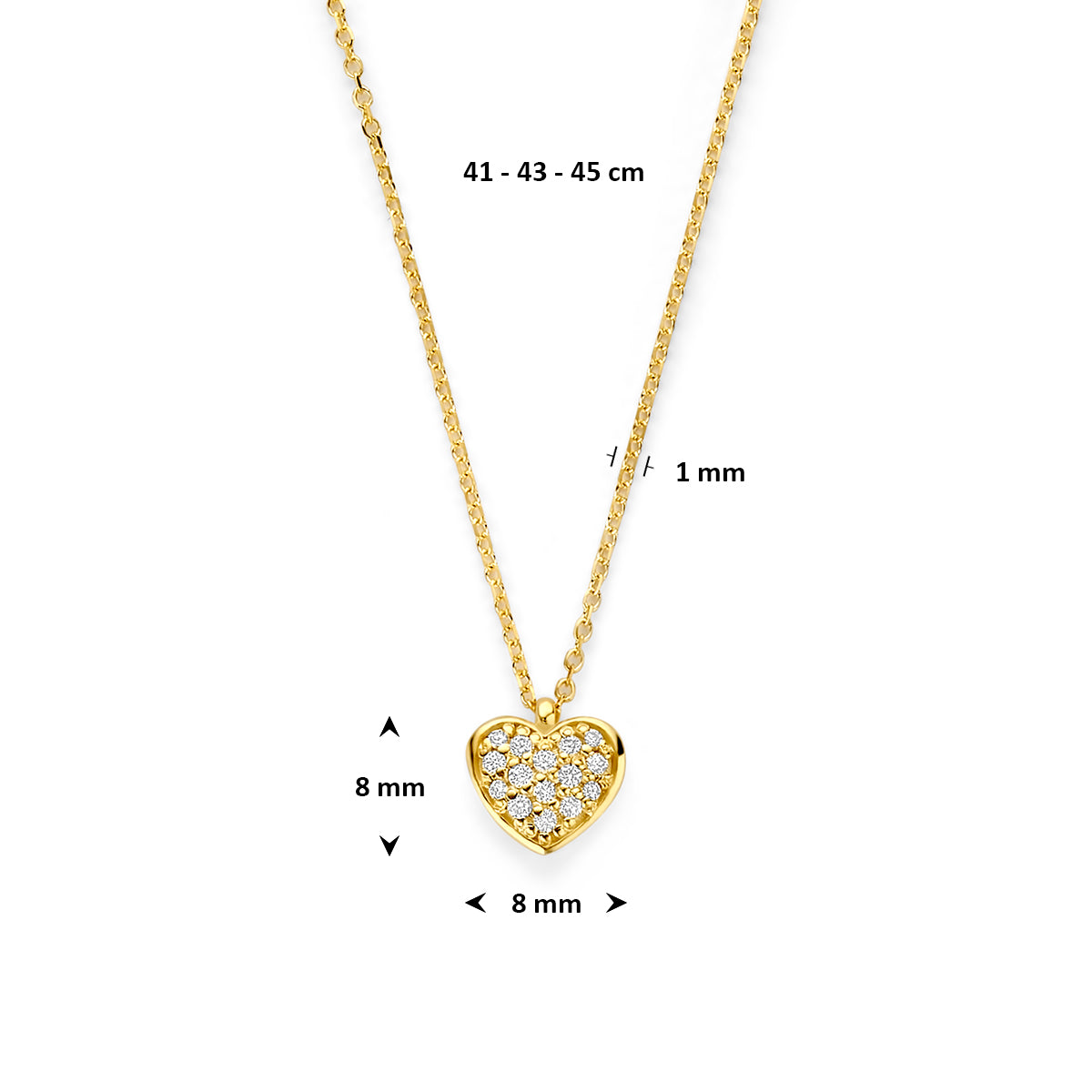 Vooraanzicht van het gouden collier met maatvoering in millimeters.