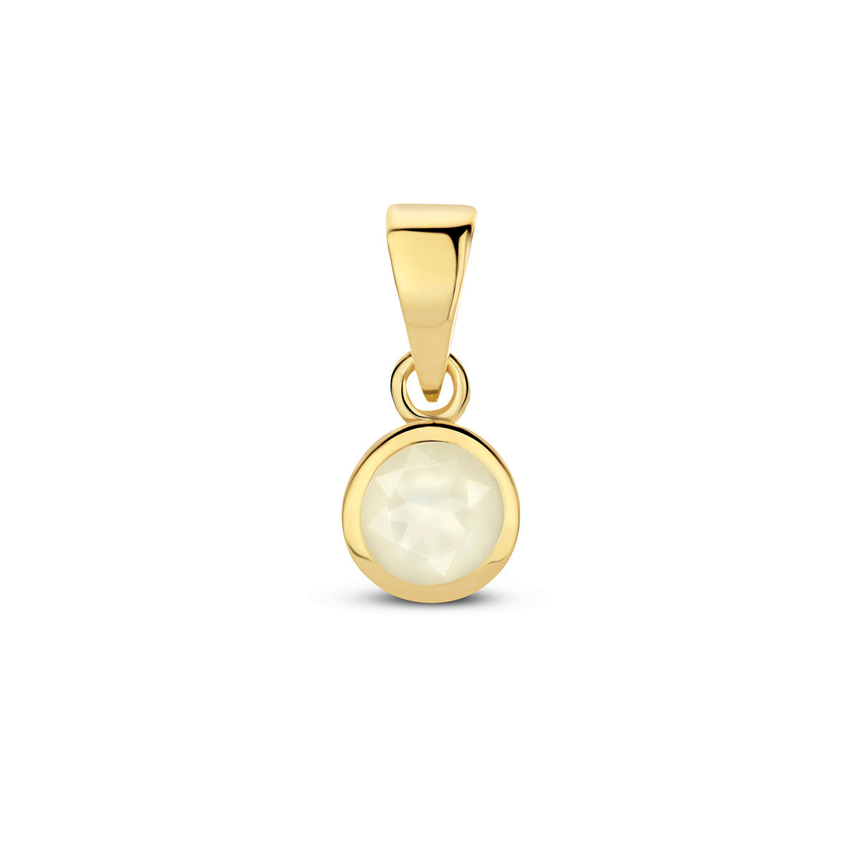Vooraanzicht van de 14k gouden geboortesteen hanger voor juni met een witte Maansteen.