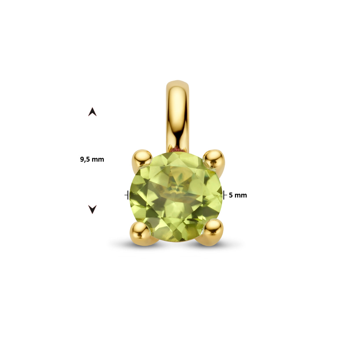 Vooraanzicht van de peridot hanger met maatvoering in millimeters.