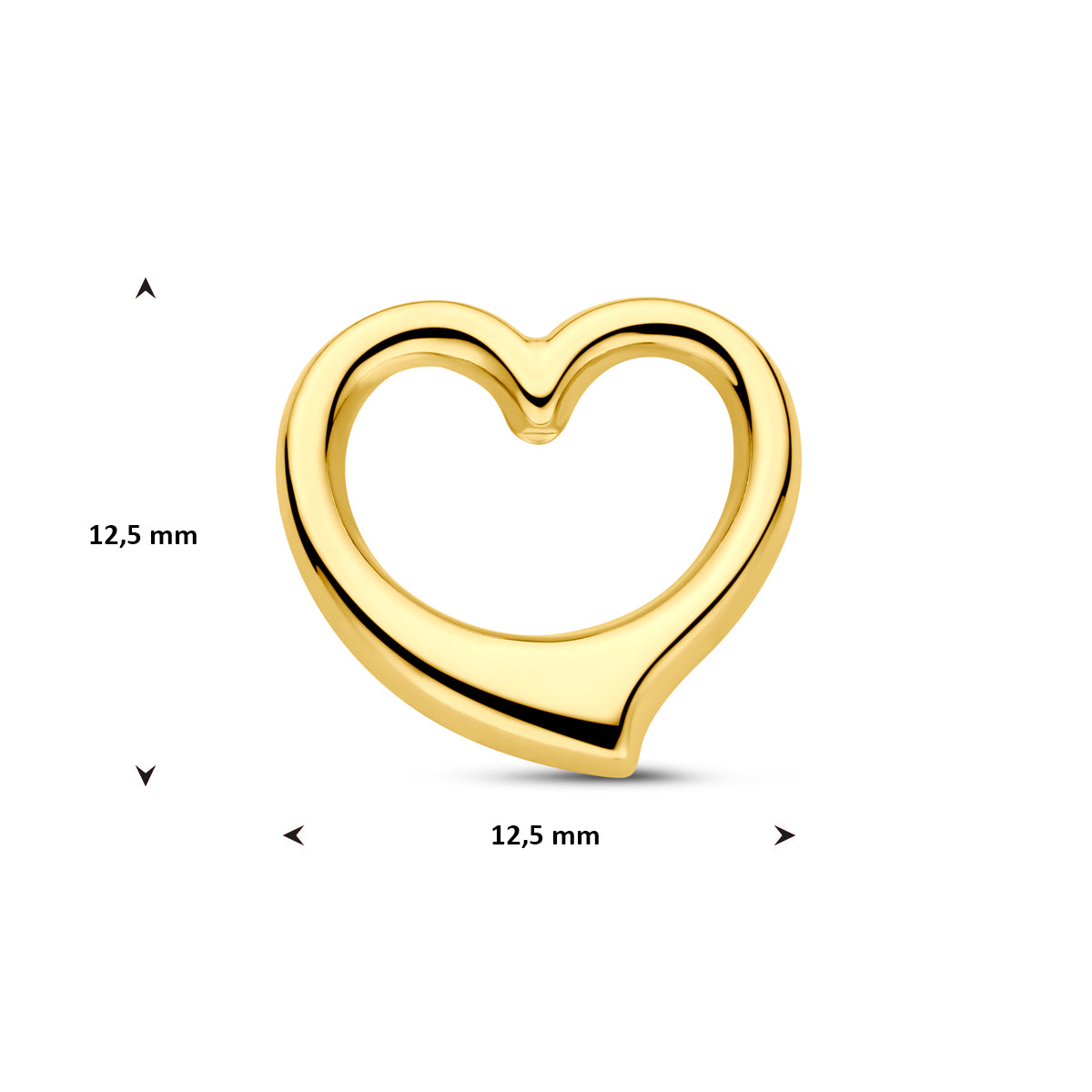 Vooraanzicht van de gouden hanger met maatvoering in millimeters.