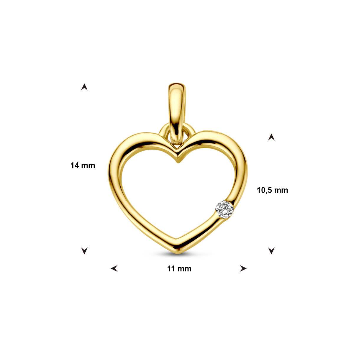 Maatvoering in millimeters van de 14 karaat geelgouden hanger.