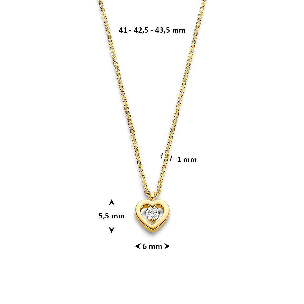 Vooraanzicht van de gouden ketting met maatvoering in millimeters.