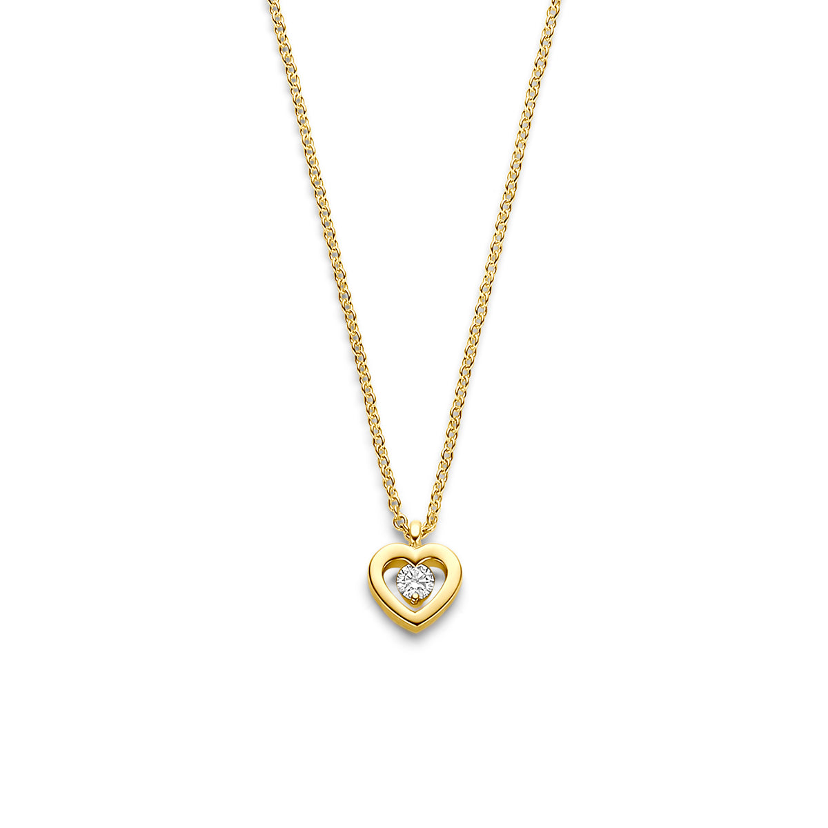De 'Estelle' 14 karaat gouden ketting met een open hartje en zwevende diamant.