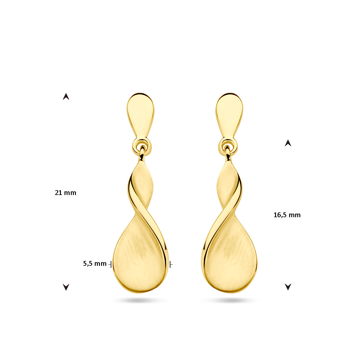 Technische afbeelding van de 'Verve' oorhangers met de afmetingen (16.5 x 5.5 mm).