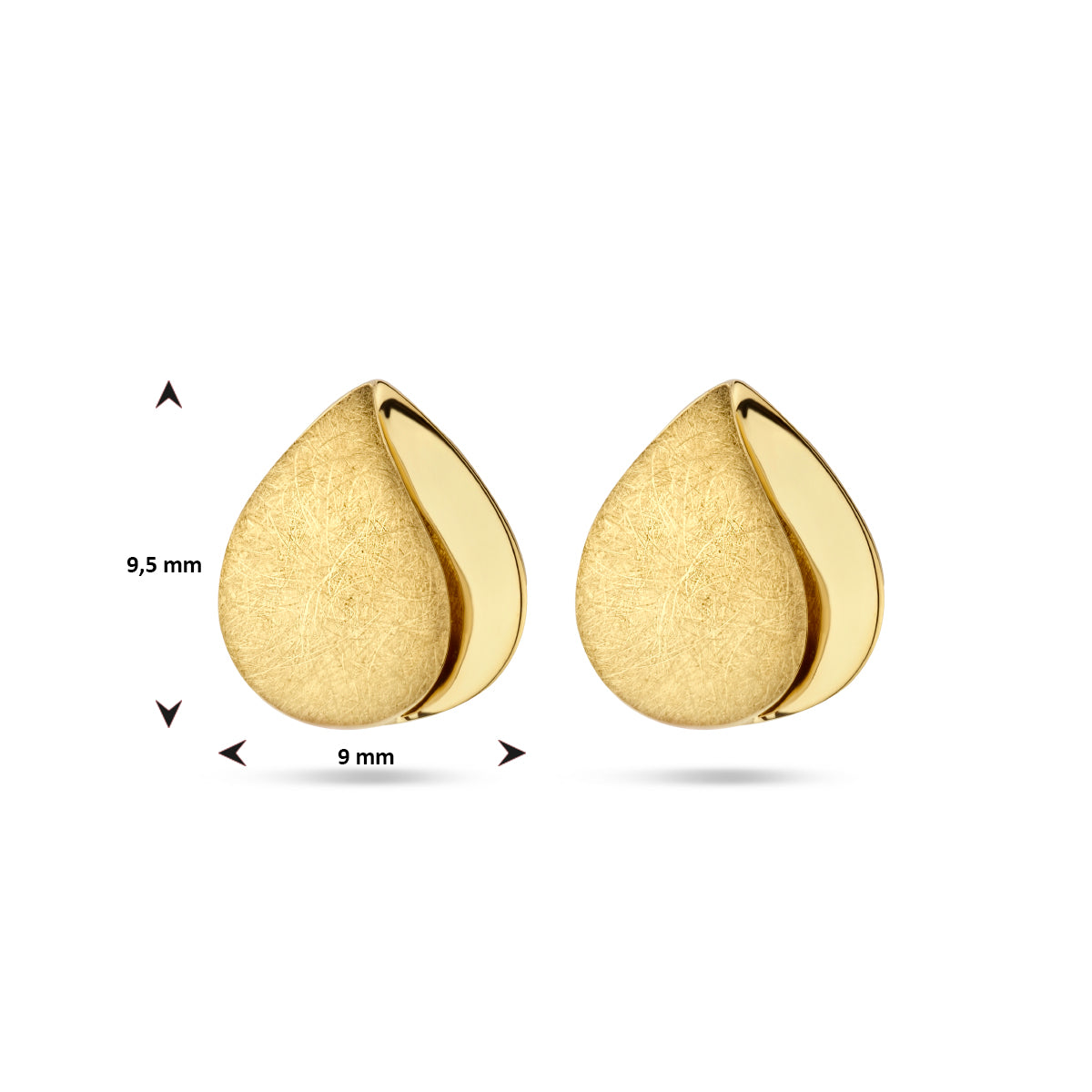 Technische afbeelding van de 'Contour' oorknoppen met de afmetingen (9.5 x 9 mm).