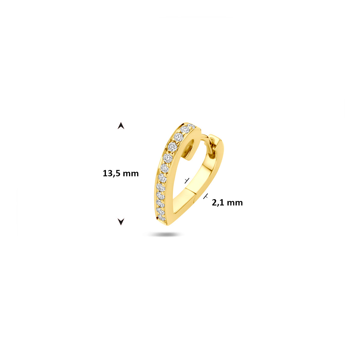 Vooraanzicht van de gouden oorring met maatvoering in millimeters.