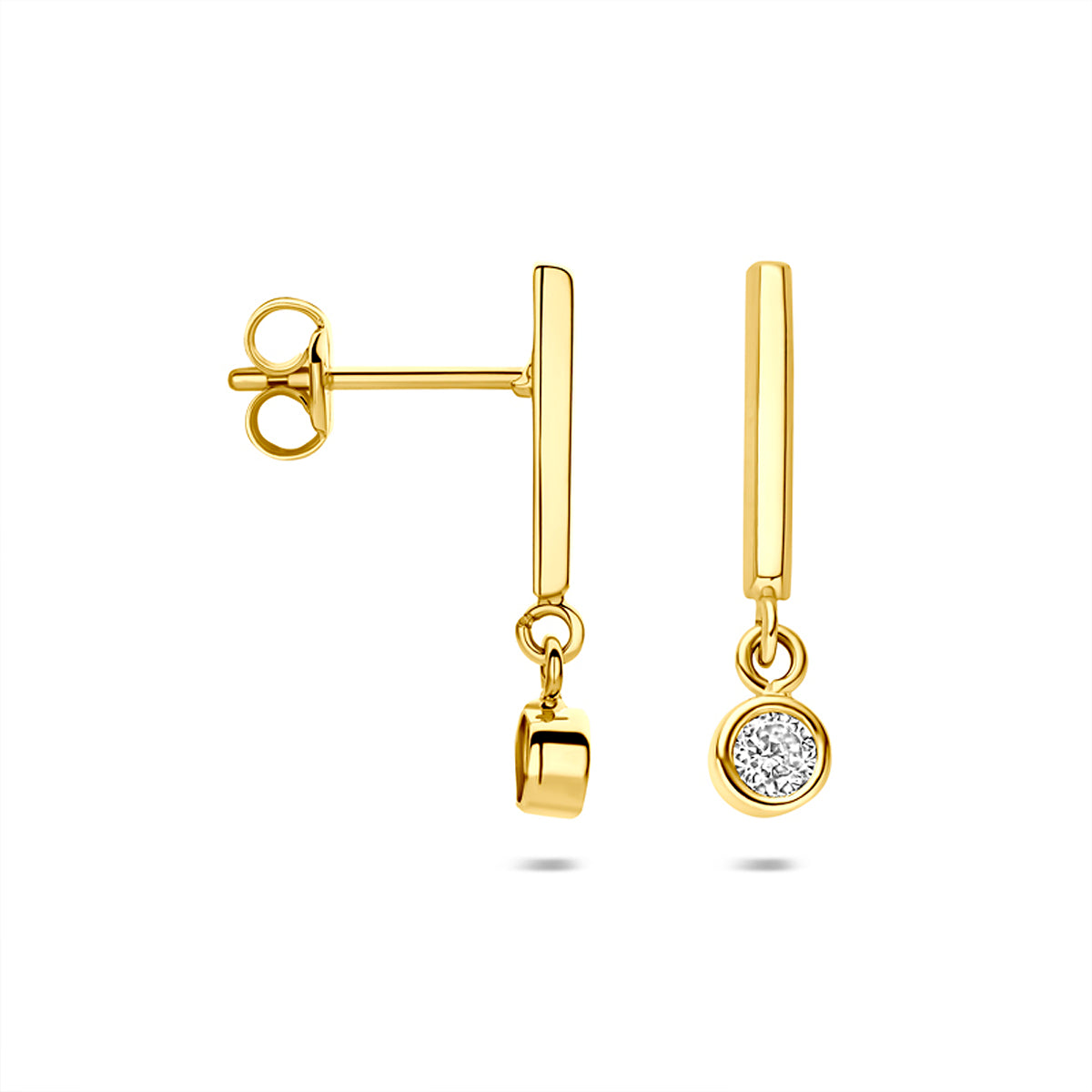 Gecombineerd beeld dat de gladde afwerking van het gouden staafje, de poussette en de dichte zetting van de zirkonia toont.