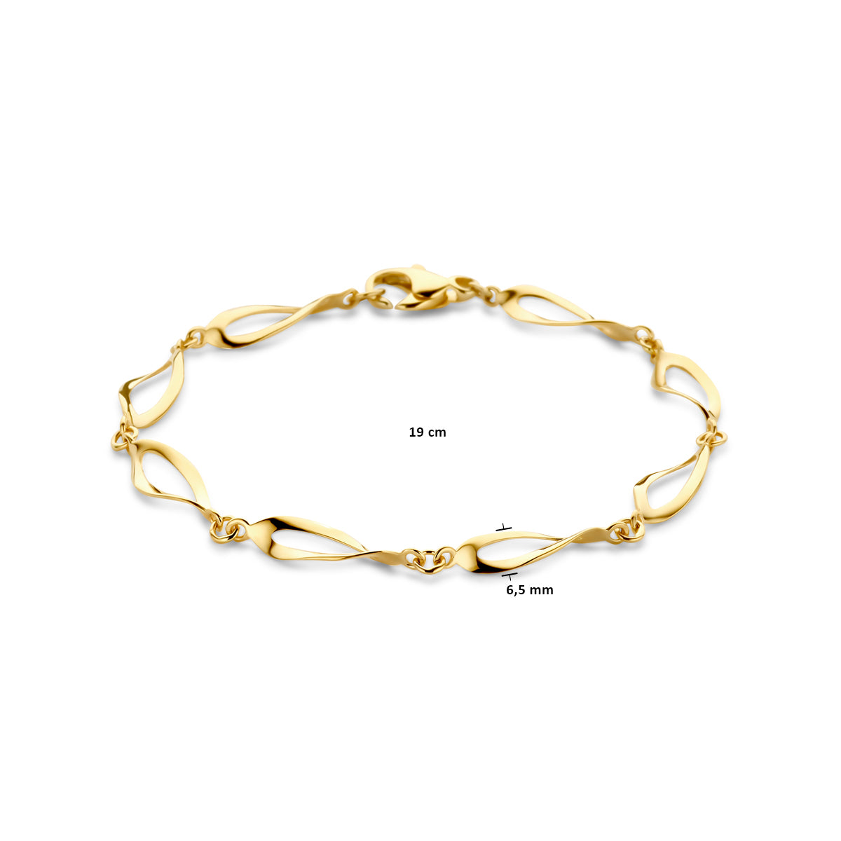 Technische afbeelding van de 'Folia' armband die de schakelbreedte van 6.5 mm toont.