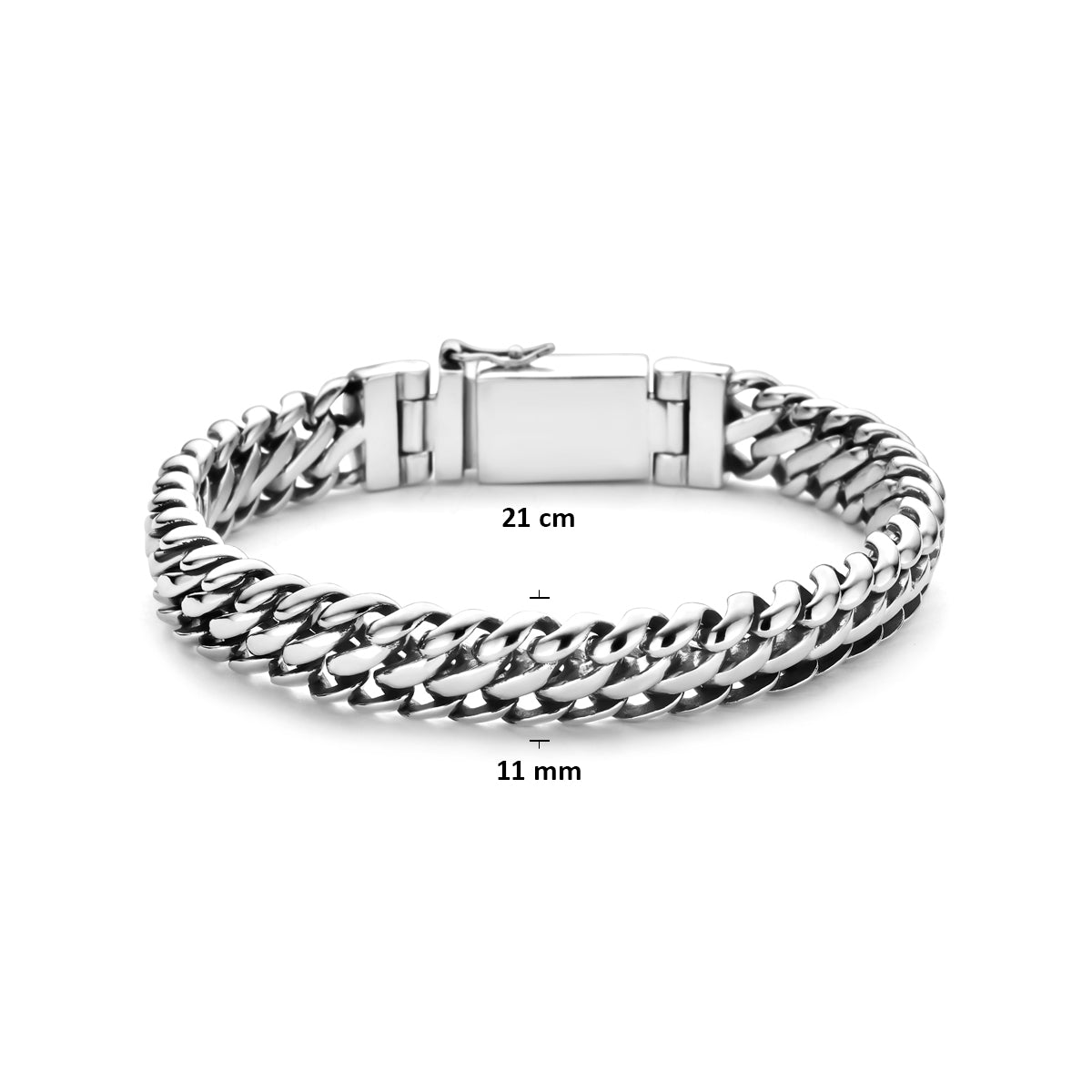 De afmetingen van de Gravitas zilveren armband met focus op de breedte van 11 mm.