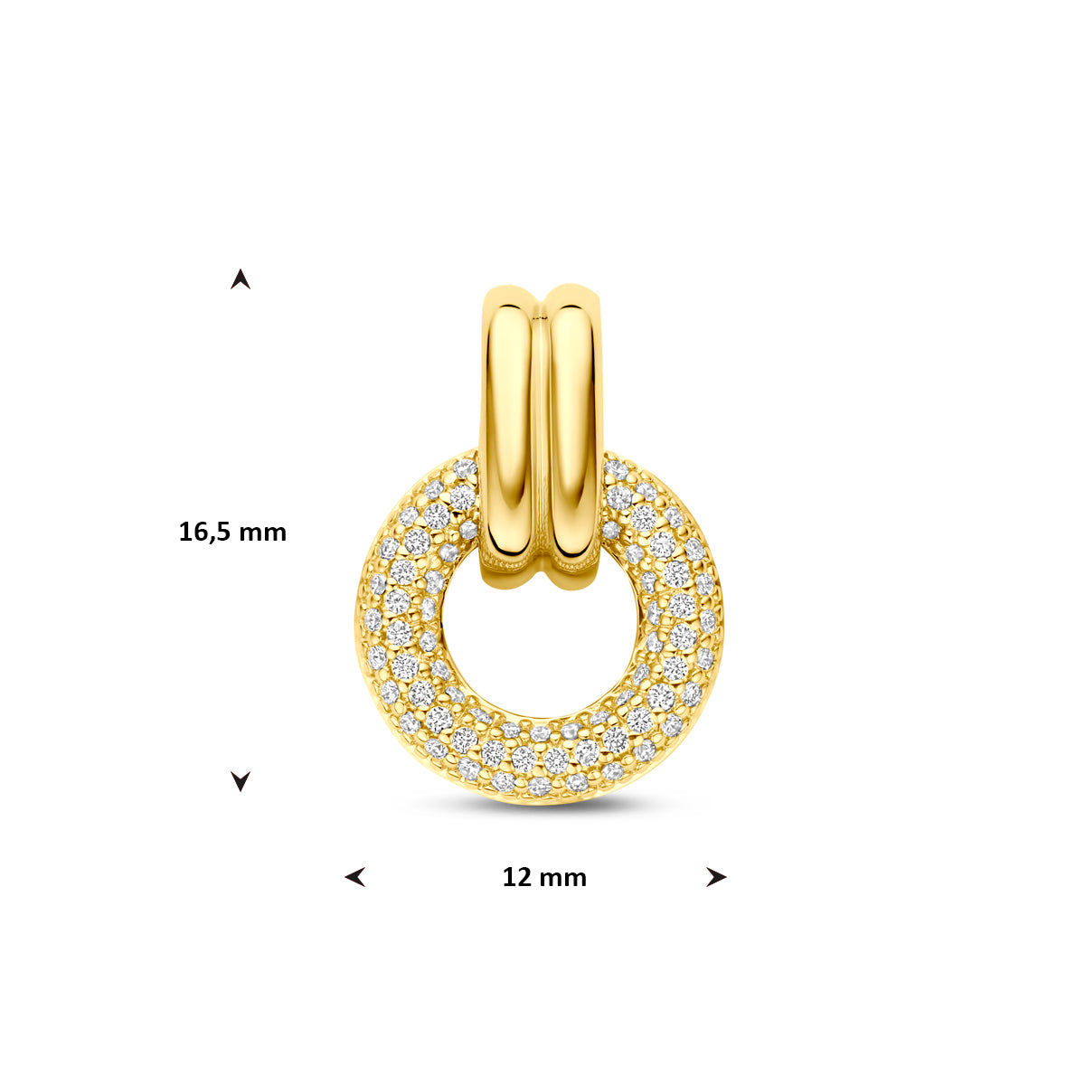 Technisch overzicht van de 'Halo' hanger met afmetingen 16,5 x 12 mm in 14 karaat geelgoud.