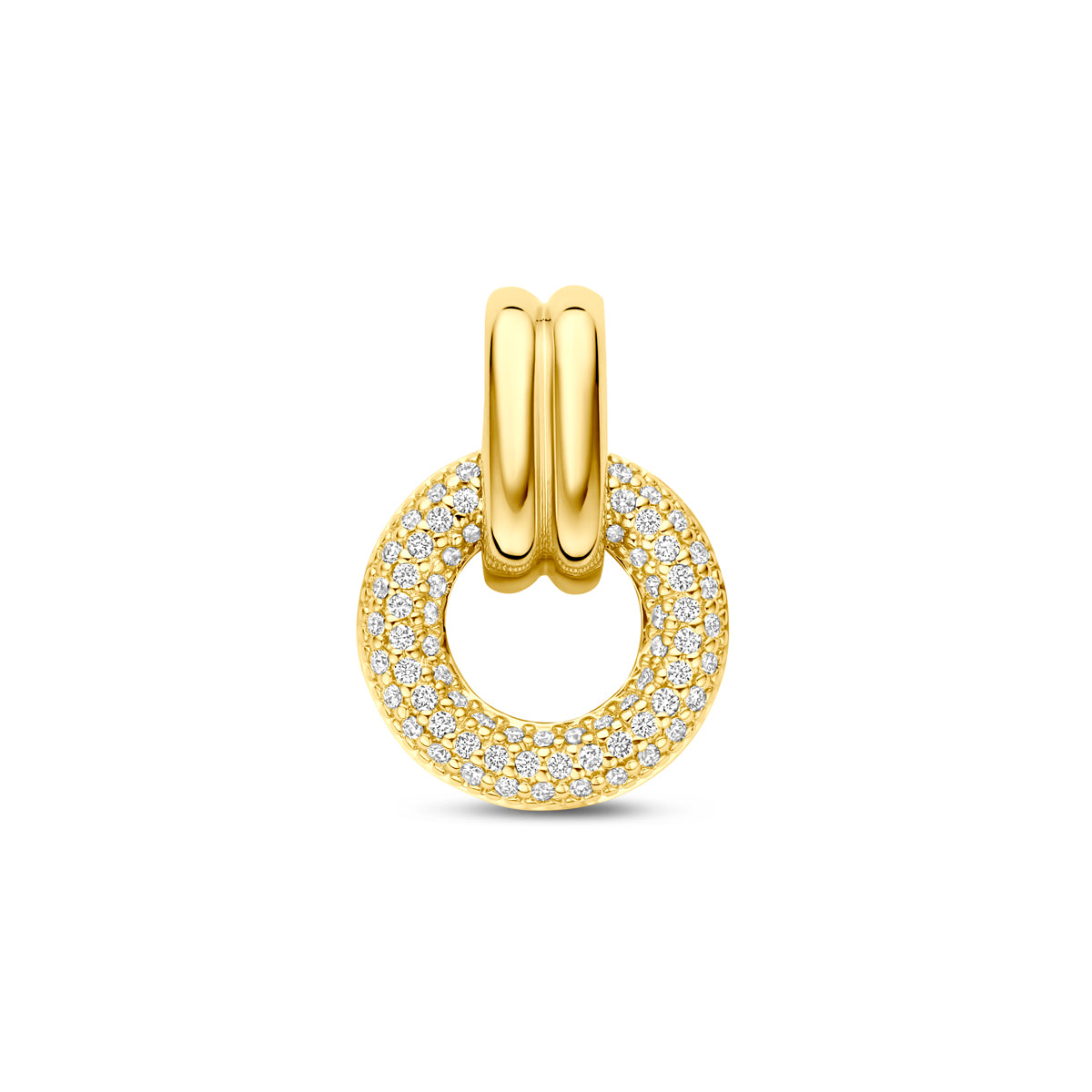 'Halo' gouden hanger 14 karaat geelgoud volledig bezet met pavé diamanten, vooraanzicht.