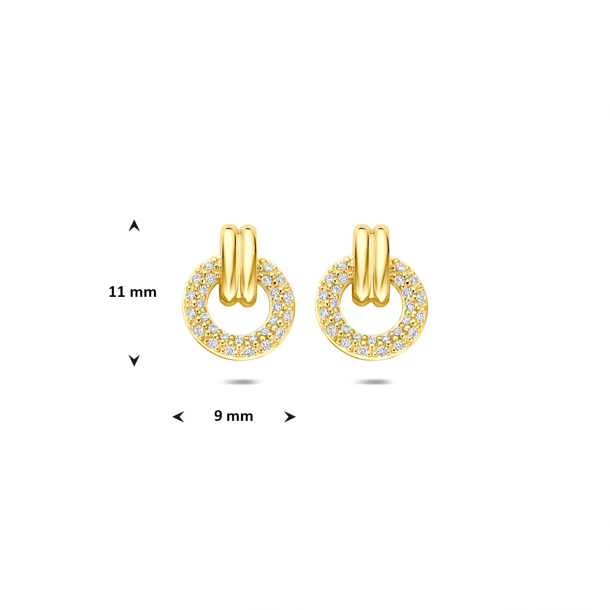 Technisch overzicht van de 'Halo' oorknoppen met afmetingen 11 x 9 mm in 14 karaat geelgoud.