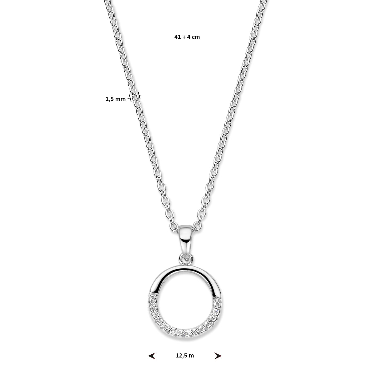 Productafbeelding van de 'Liora' ketting met technische weergave van de 12,5 mm diameter en de verstelbare lengte.