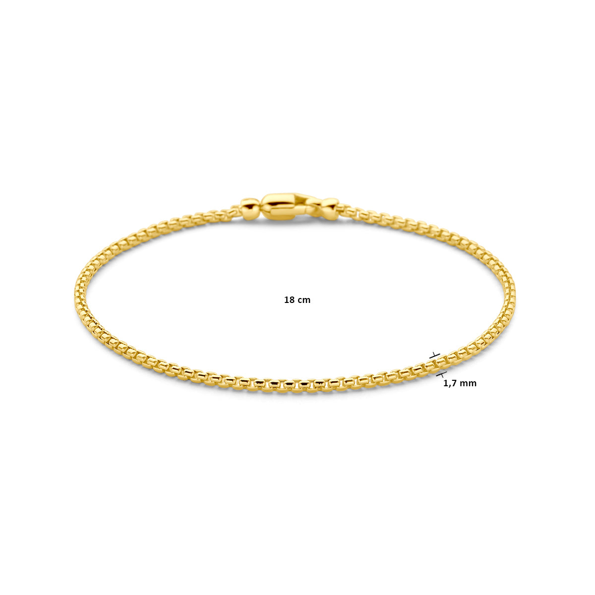 Technische foto met de maten van de 'Ella' armband: 18 cm lang en een breedte van 1,7 mm.