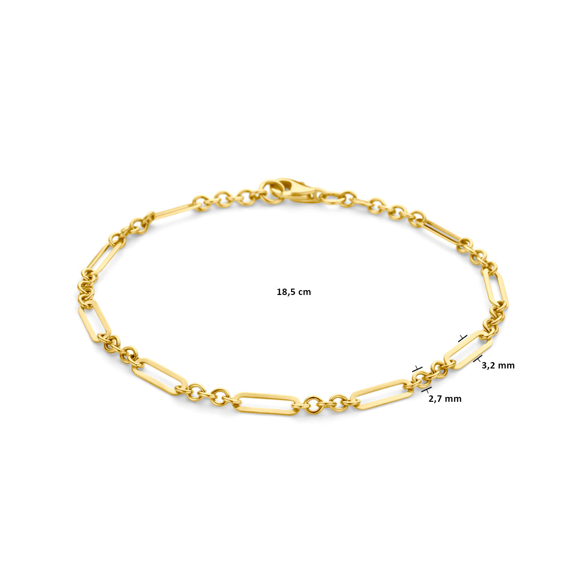 Technische foto met de maten van de 'Liz' armband: 18,5 cm lang en schakels van 3,2 mm en 2,7 mm breed.