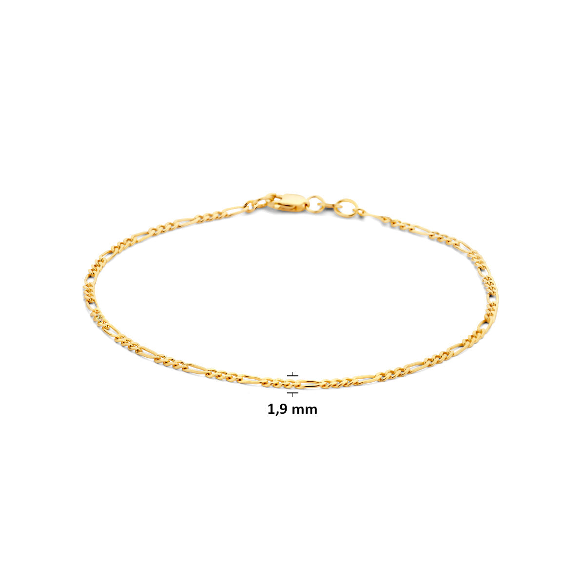 Technische foto met de maten van de 'Noa' armband: breedte 1,9 mm en keuze uit lengte 17 cm of 18 cm.