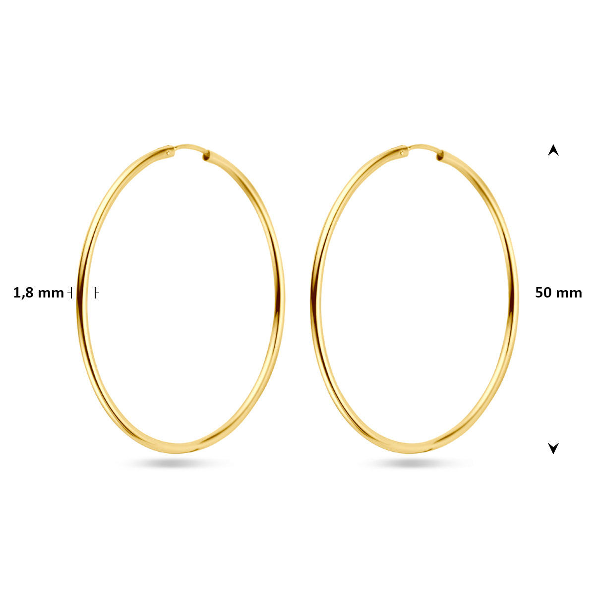Technische tekening (vooraanzicht) die de royale diameter van 50 millimeter van de gouden oorring bevestigt.