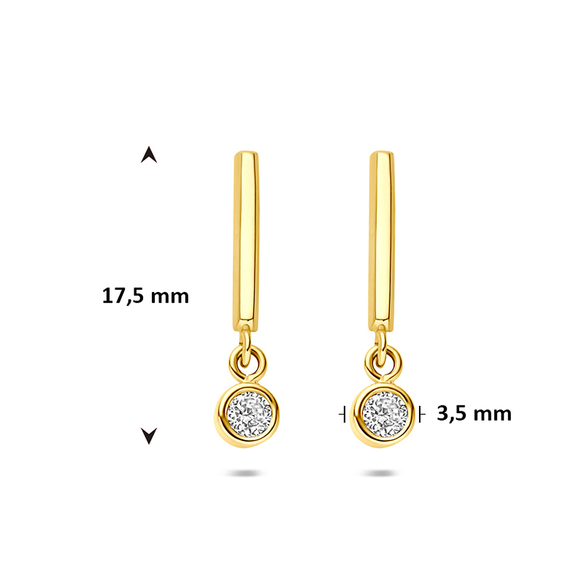 Technische tekening die de totale lengte van 17,5 millimeter en de breedte van 3,5 mm van de gouden oorhanger bevestigt.