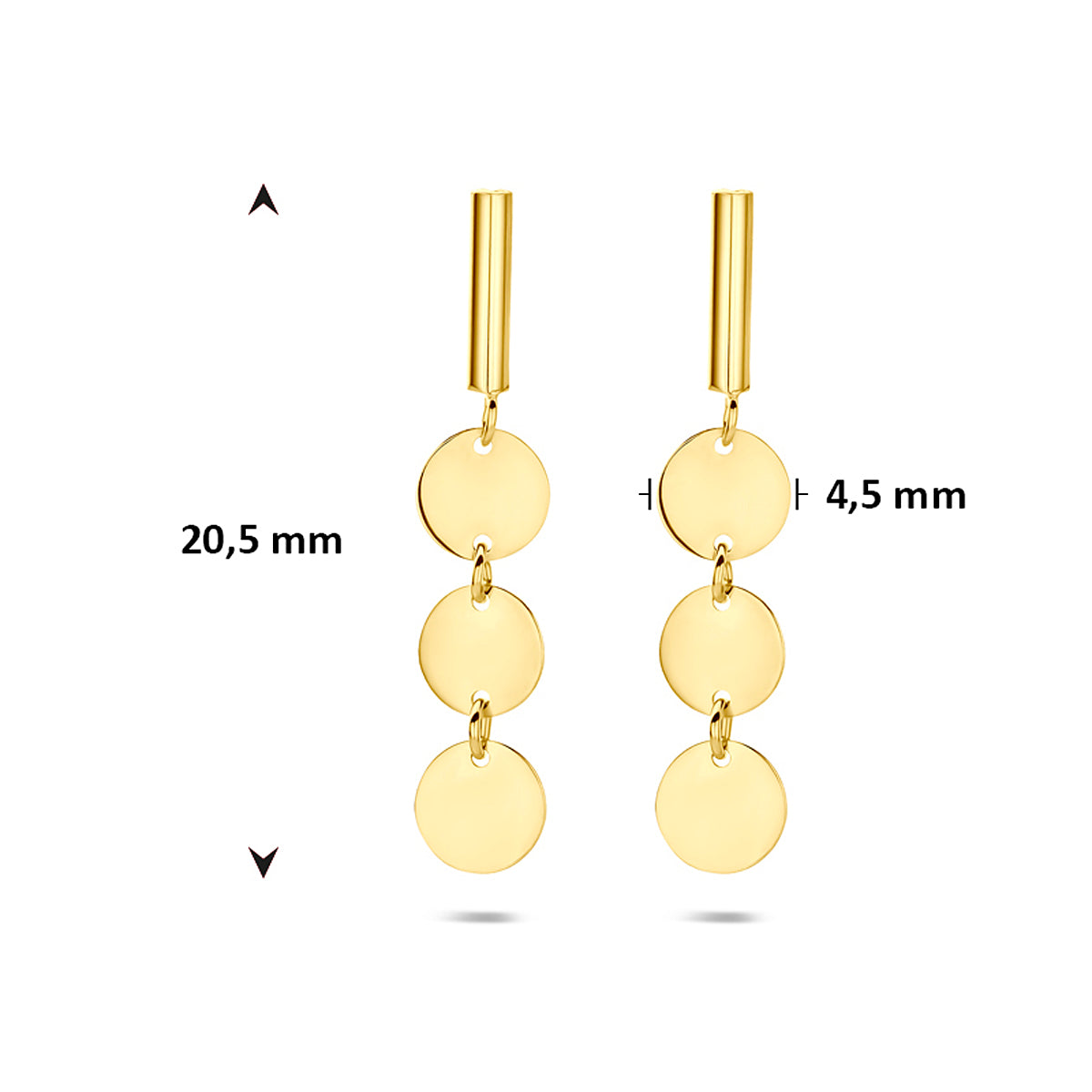 Technische tekening die de totale lengte van 20,5 millimeter van de gouden oorbellen met rondjes bevestigt.