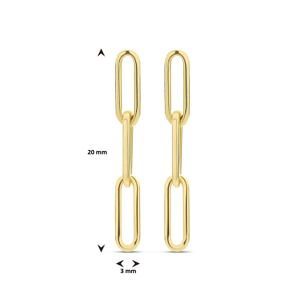 Afbeelding van de gouden oorhangers Lana met de maatvoering van 20 mm hoogte en 3 mm breedte.
