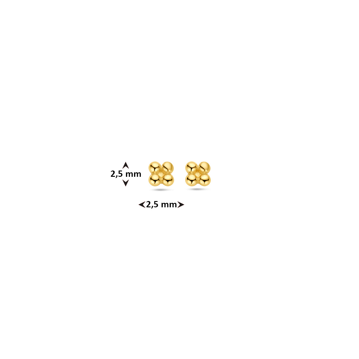Afbeelding van de gouden oorknopjes Esmé met de maatvoering van 2,5 mm.