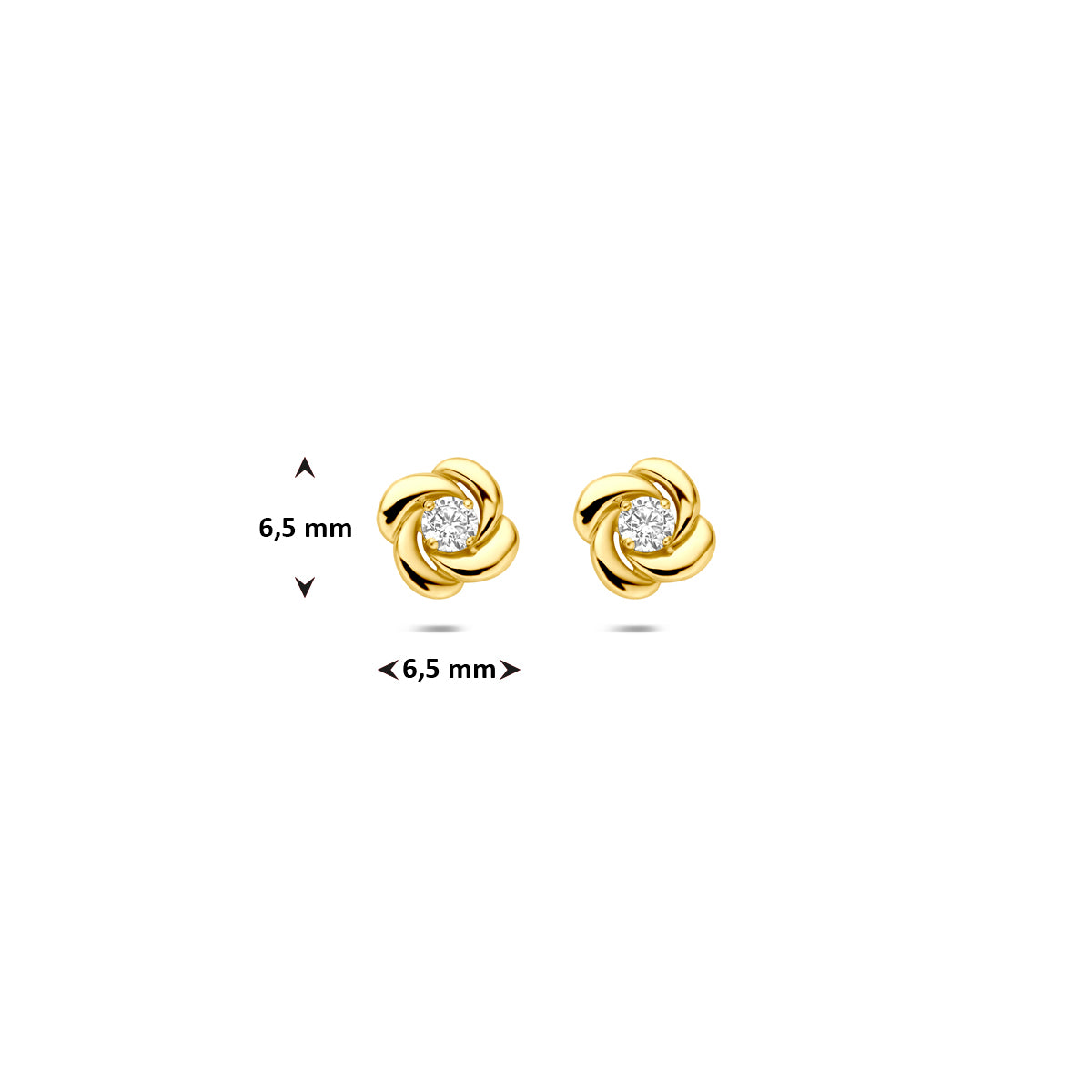 Afbeelding van de gouden oorknopjes met de maatvoering van 6,5 millimeter diameter.
