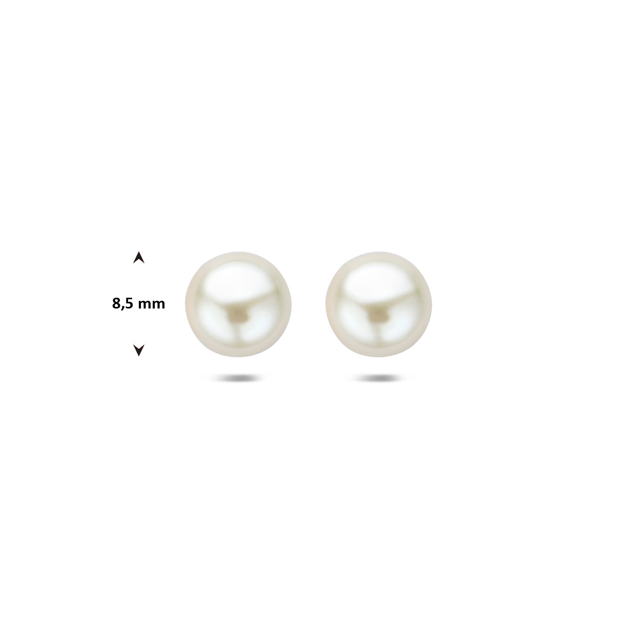 Technische tekening die de diameter van 8,5 millimeter van de parel oorknop bevestigt.