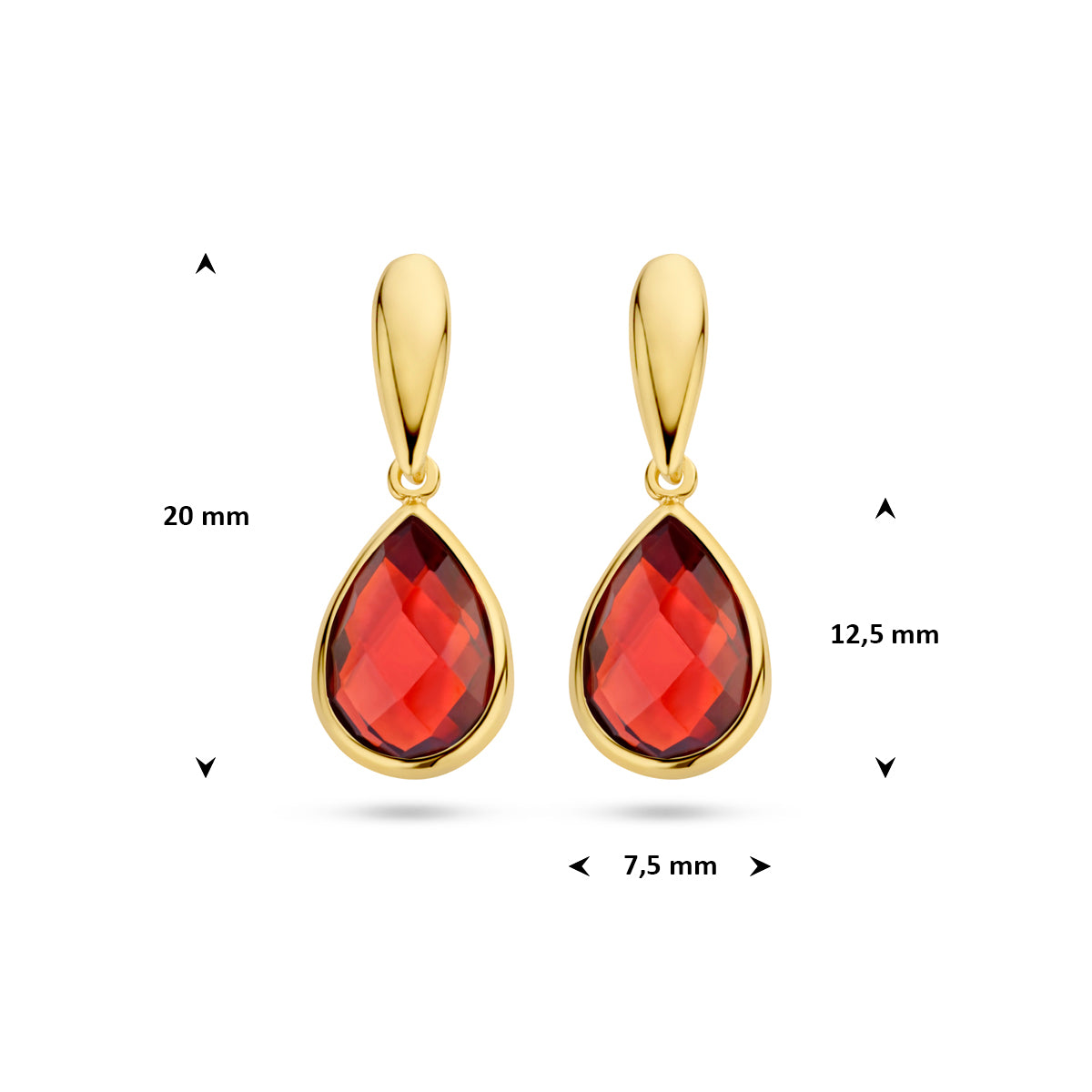 Technische afbeelding van de 'Gioia' oorhangers met de afmetingen: 20 mm totale hoogte en 7,5 mm breed.