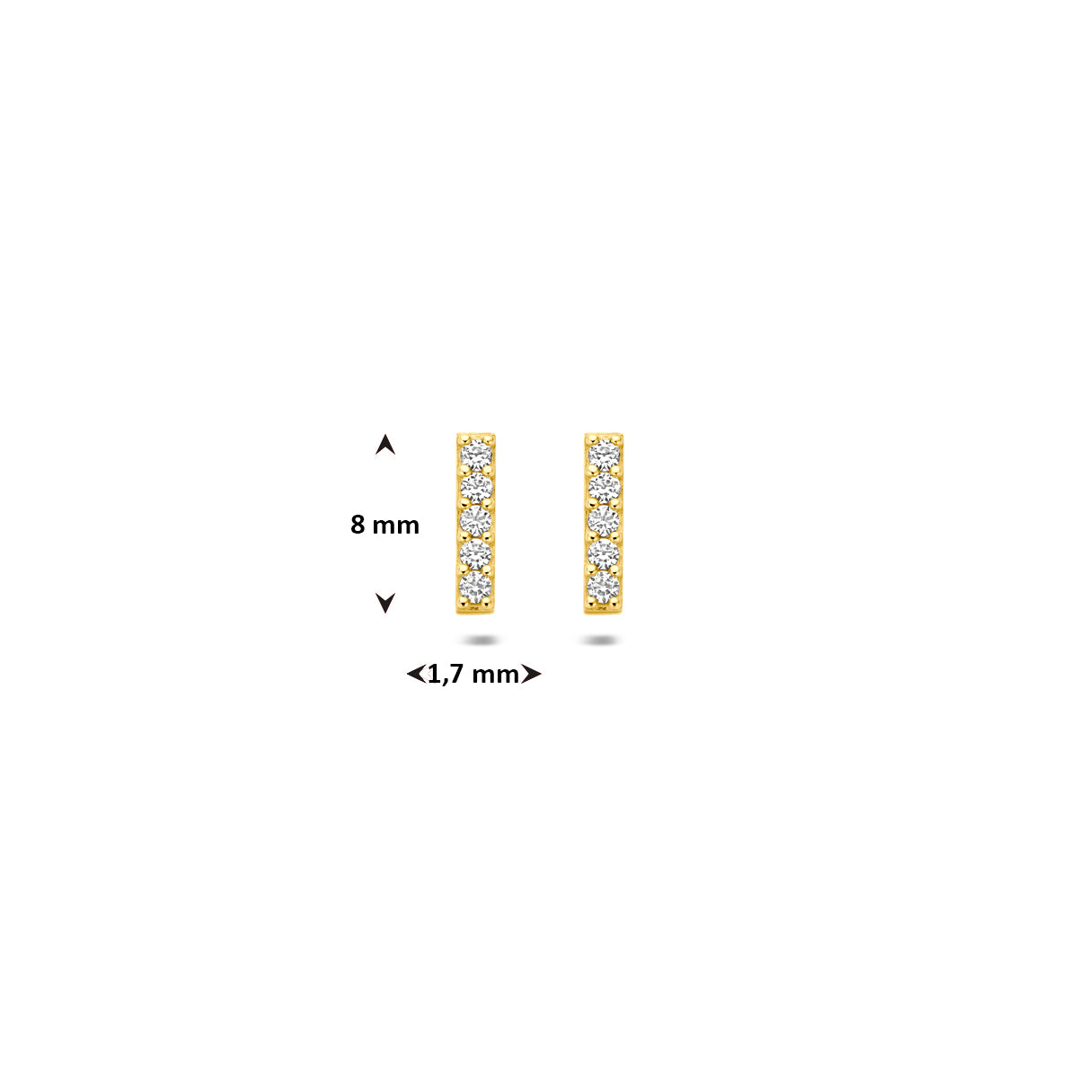 Afbeelding van de gouden oorknopjes Raya met de maatvoering van 8 mm hoogte en 1,5 mm breedte.