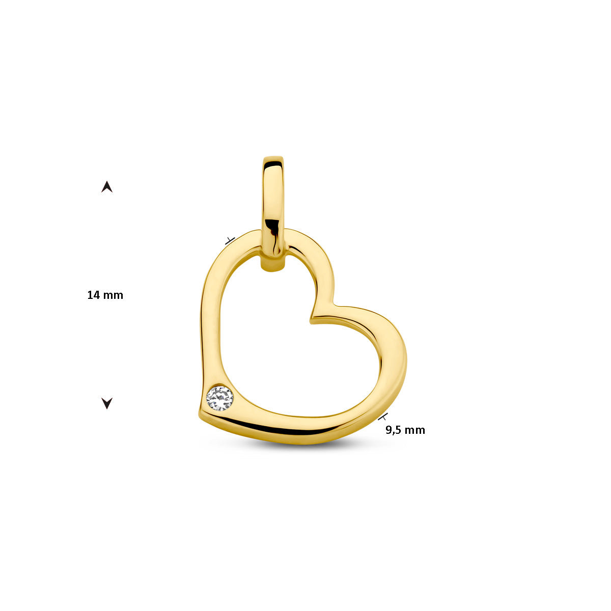 Vooraanzicht van de gouden hanger Lise met maatvoering in millimeters.