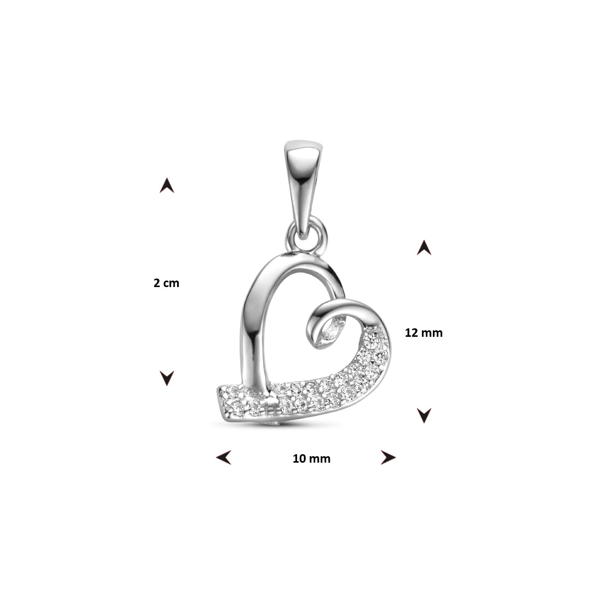 Vooraanzicht van de zilveren hanger Tara met maatvoering in millimeters.