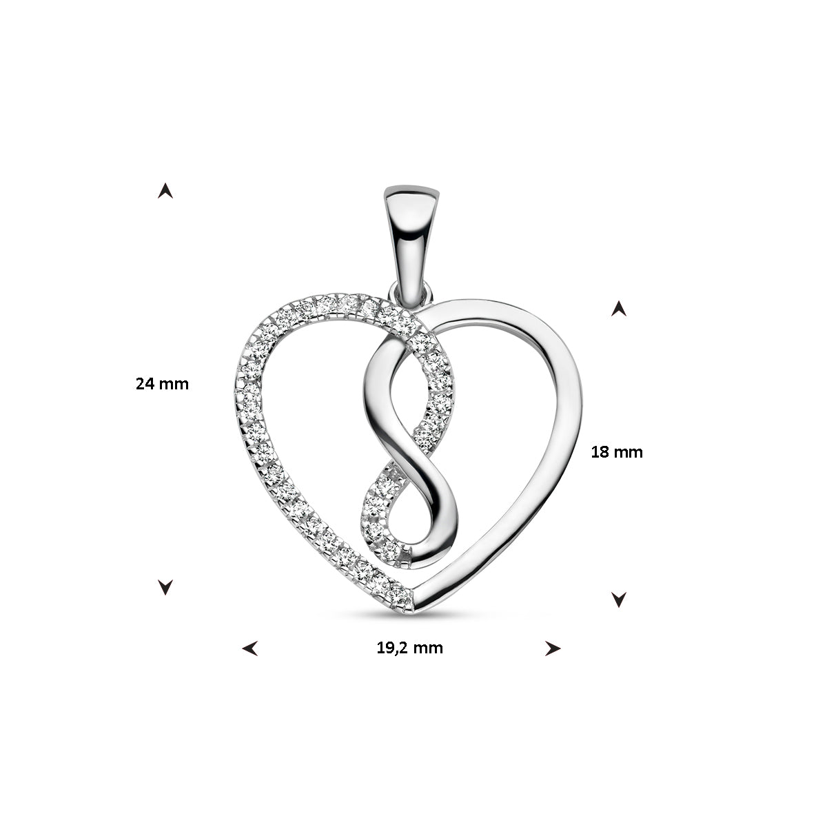 Vooraanzicht van de zilveren hanger Ziva met maatvoering in millimeters.