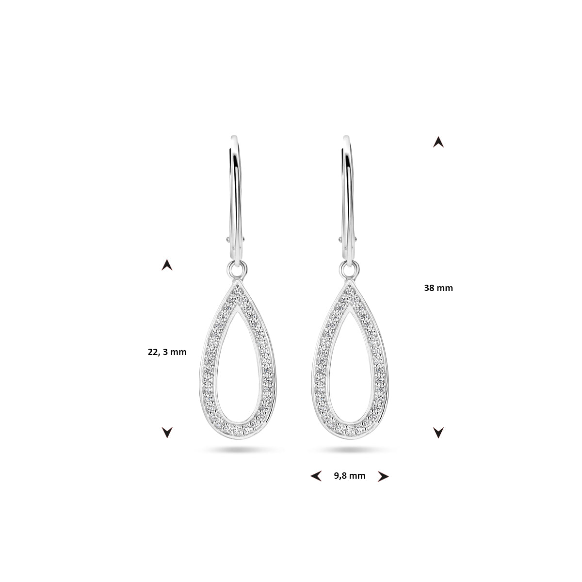 Afbeelding van de 'Mirella' oorhangers met de hoogte van 38 mm en breedte van 9.8 mm aangegeven.