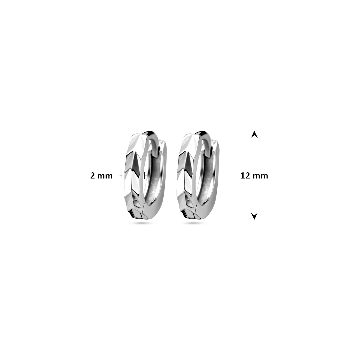 Productfoto van de 'Meryn' zilveren klapoorringen met de exacte diameter van 12 mm en breedte van 2 mm.