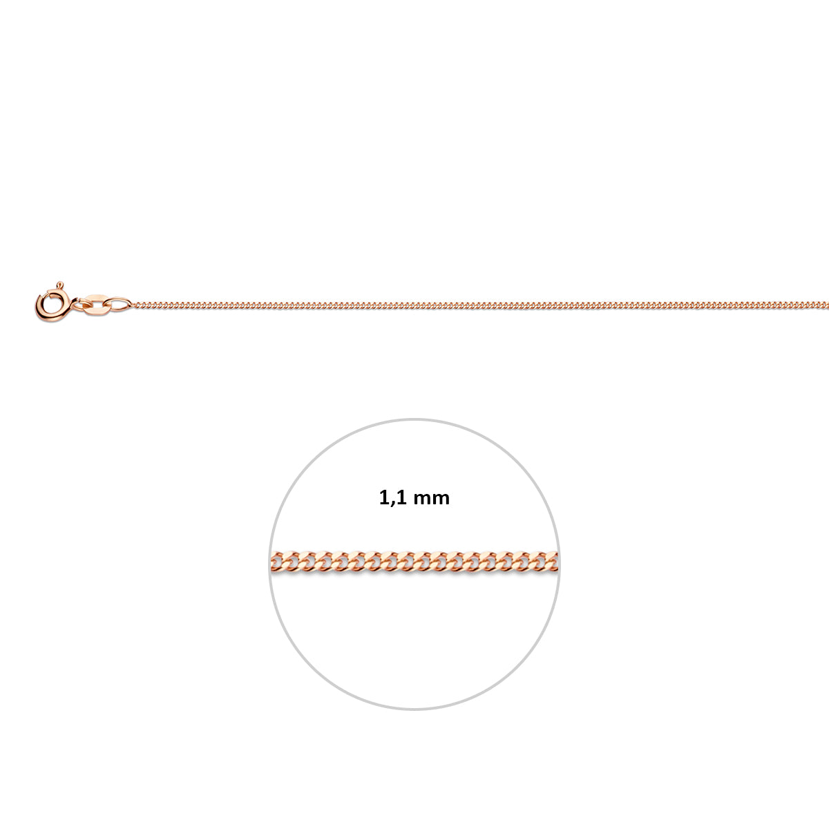 Close-up van 1.1 mm platte roségouden gourmette schakels van 14 karaat goud.