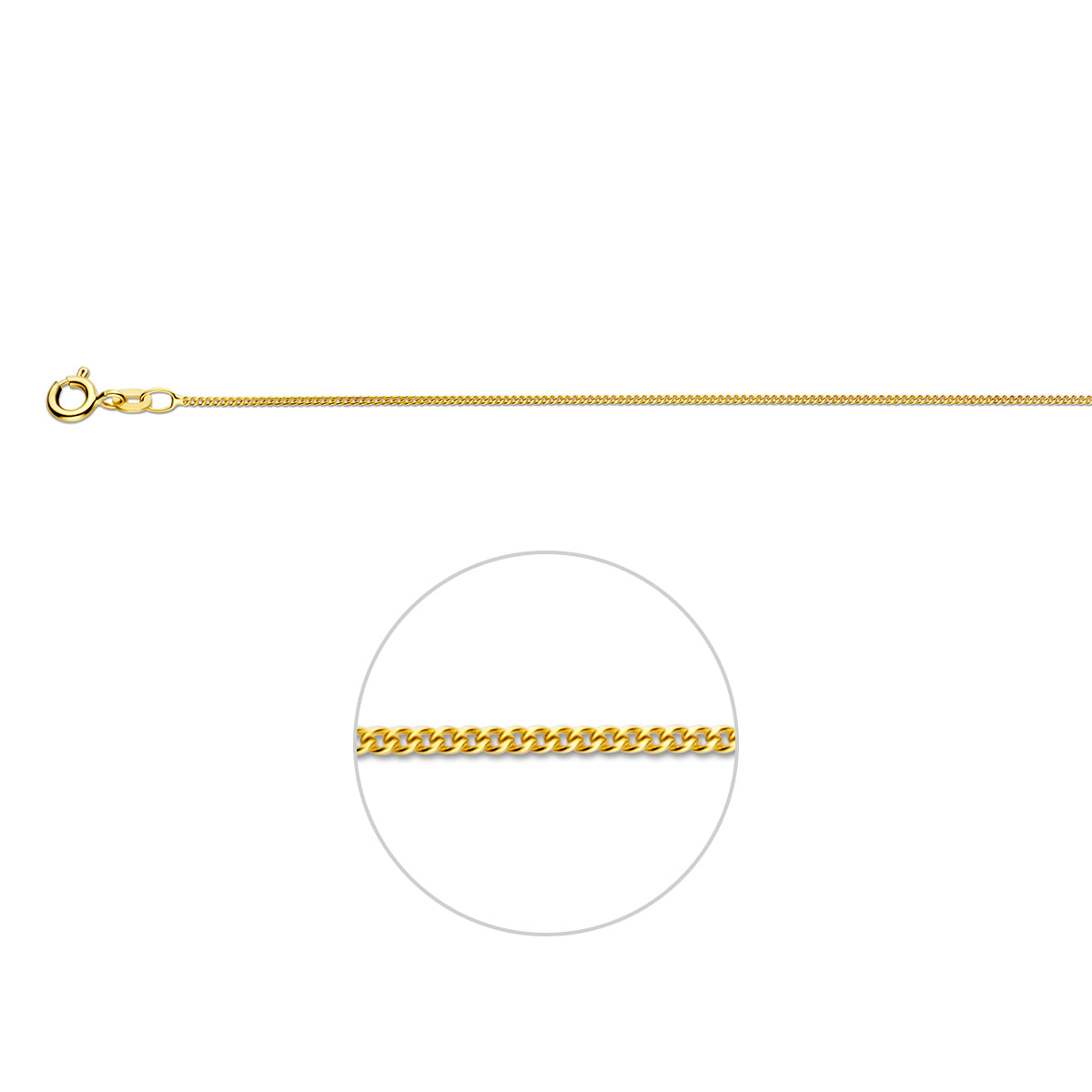 18 karaat geelgouden halsketting 1.1 mm gourmette met sluiting vooraanzicht.