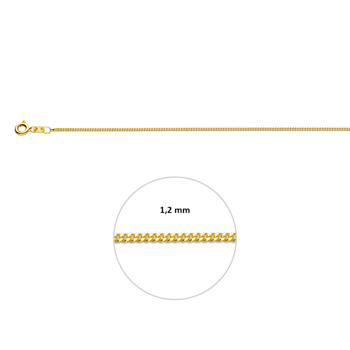 Close-up van 1.2 mm platte geelgouden gourmette schakels van 18 karaat goud.