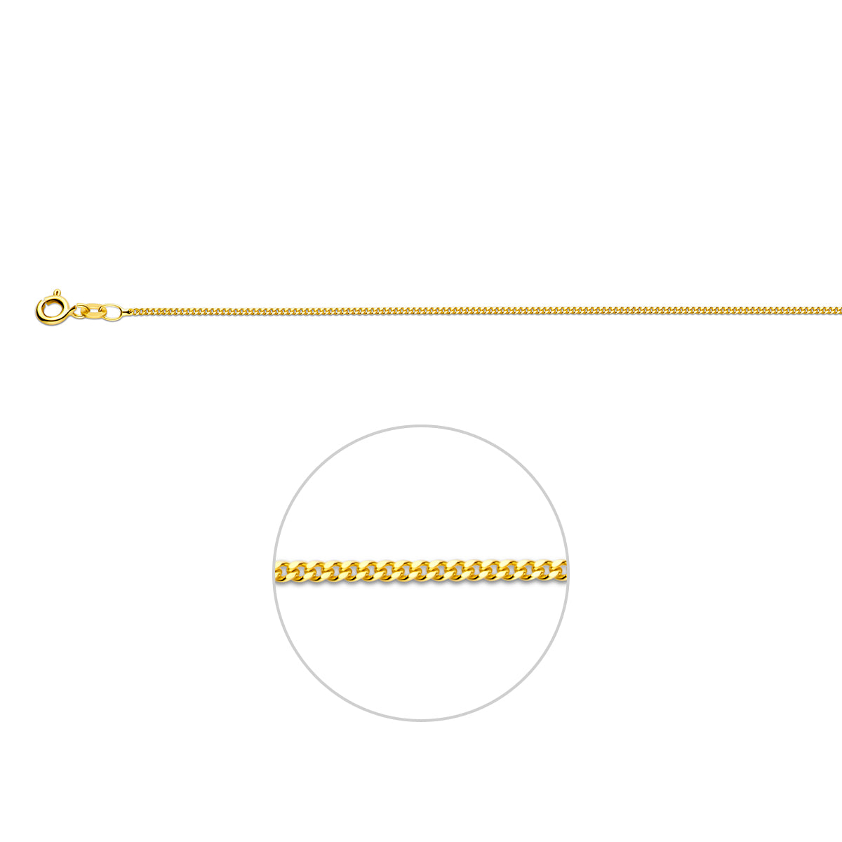 18 karaat geelgouden halsketting 1.2 mm gourmette met sluiting vooraanzicht.