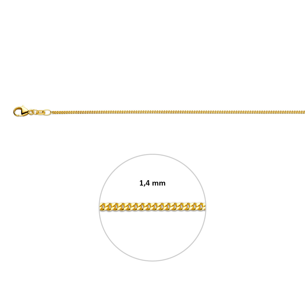 Close-up van 1.4 mm platte geelgouden gourmette schakels van 18 karaat goud.