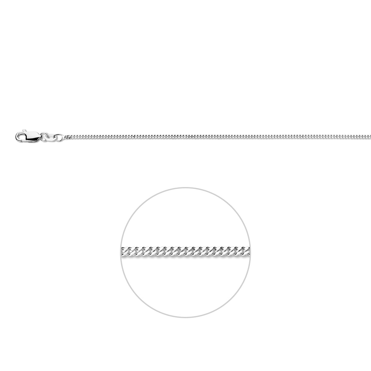 Wit zilveren gourmette ketting 1.6 mm Nila vooraanzicht met sluiting.
