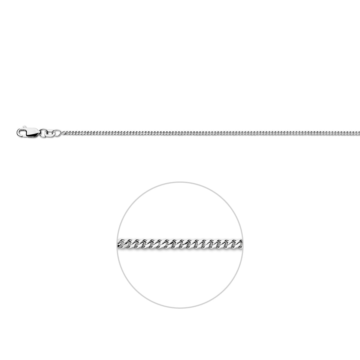 Wit zilveren gourmette ketting 1.7 mm Nila vooraanzicht met sluiting.