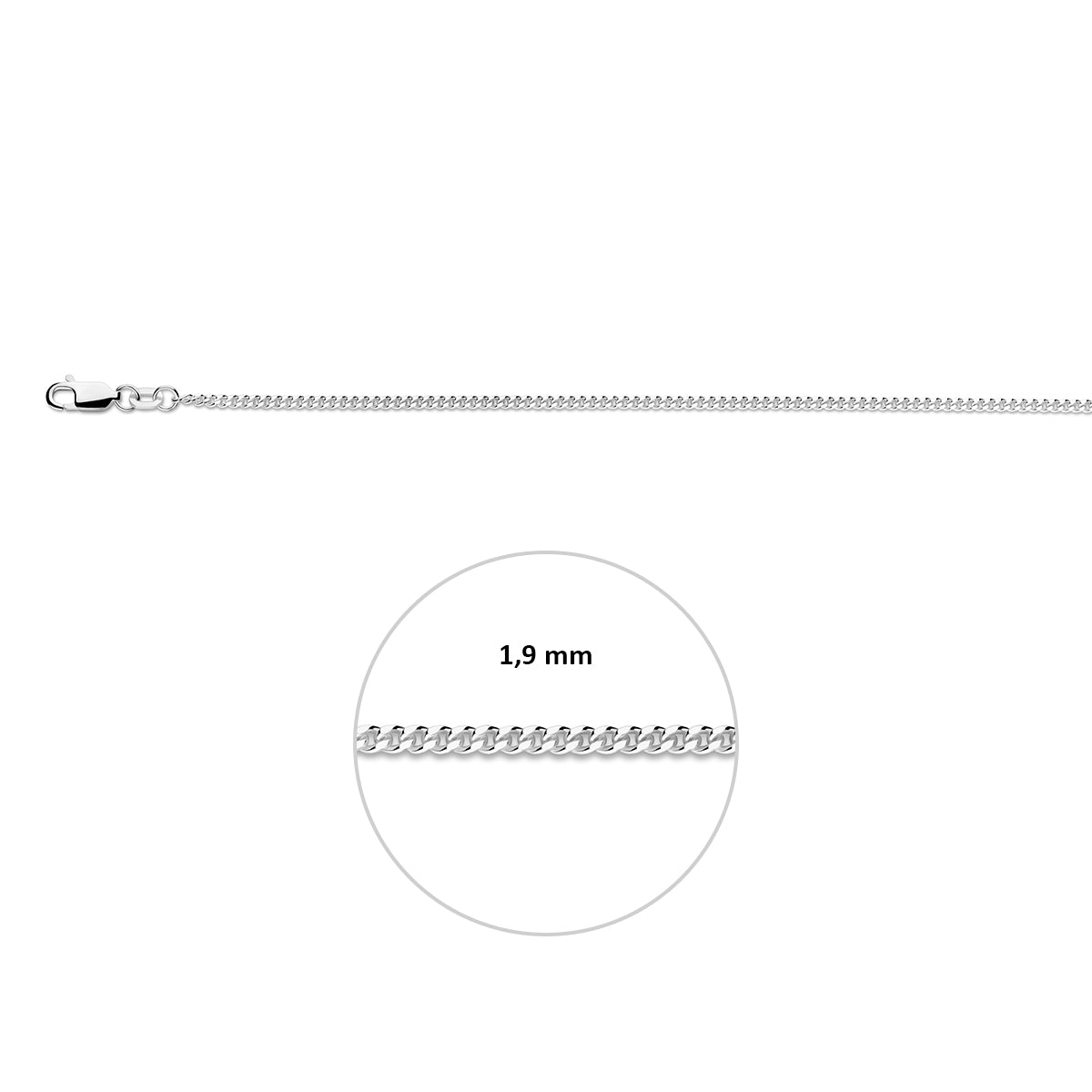 Gourmette halsketting zilver 1.9 mm inclusief sluiting en breedte-indicator.